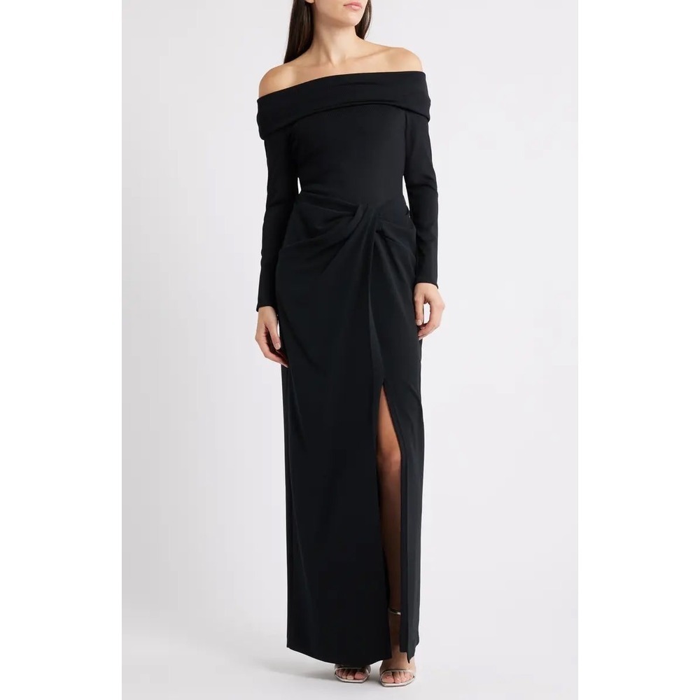 Lauren Ralph Lauren Black‎ Off-The-Shoulder Front Twist Gown Dress Size 10 NEW